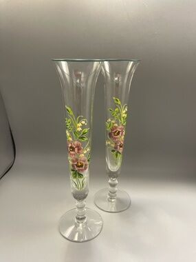 Vintage Pair Of Lebrun Hand Painted Vases 10” Tall Dark Green Rim Very Pretty